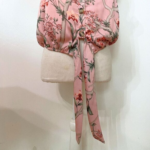 JOHANNA ORTIZ X H&M PINK FLORAL SATIN TIE-FRONT RUFFLE SLEEVELESS TOP - M - Picture 6 of 10